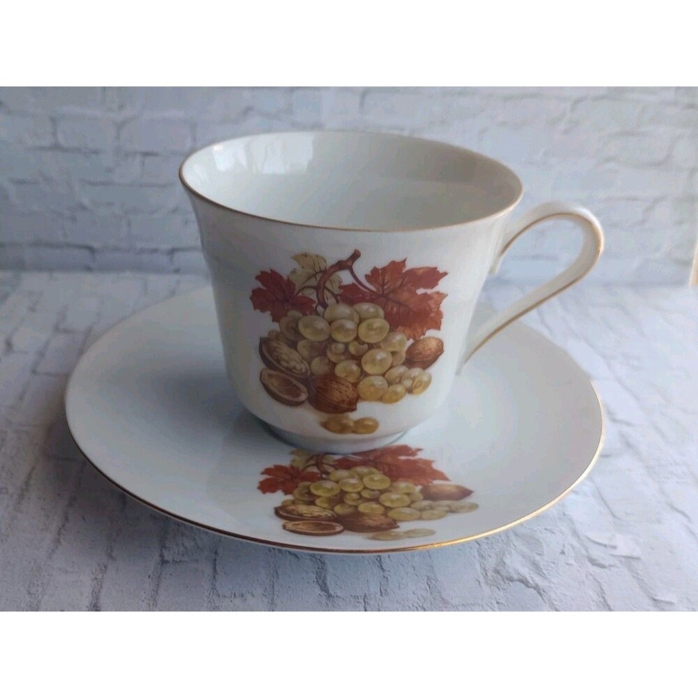 Vintage Bareuther Waldsassen Fruit & Nuts Porcelain Tea Cup and Saucer Gold Trim